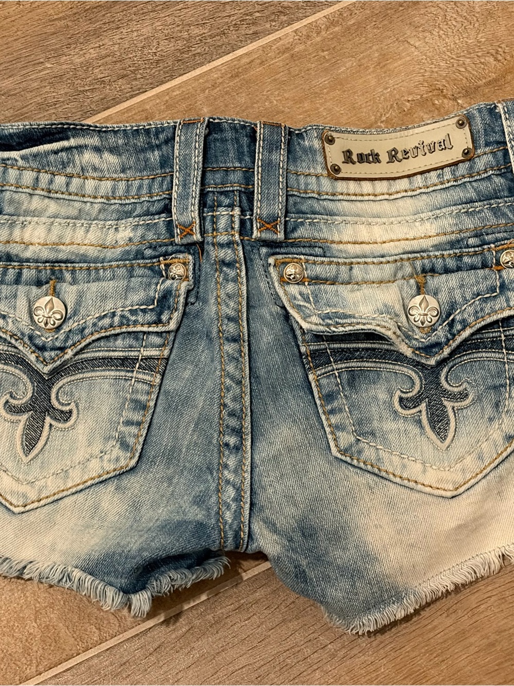Rock Revival Light Blue Distressed Denim Jen Shorts 27